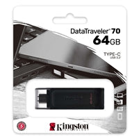 Kingston DT70/64GB DataTraveler 64GB USB Flash Drive, USB 3.2,  USB-C, Gen1, 80MB/s, Clear Cap, Black, Retail.
