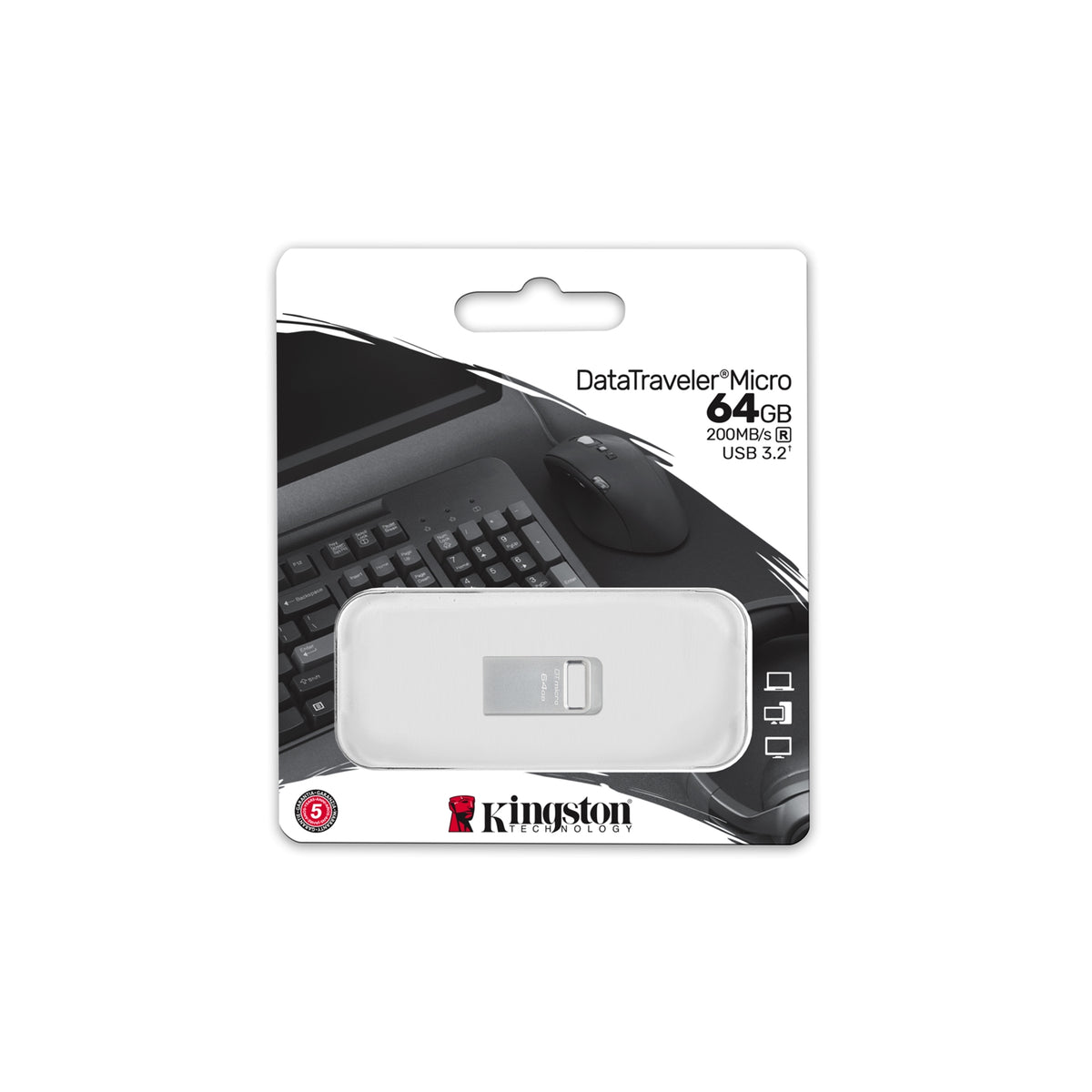 Kingston DTMC3G2/64GB 64GB DataTraveler Micro USB Flash Drive, USB 3.2, Metal Casing, Up to 200MB/s