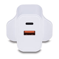 LINDY 73425 30W USB Type A & C Charger UK Plug, 3A, Power Delivery 3.0 + PPS, 2 Output Connectors (USB, 24 pin USB-C), White