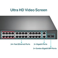TP-Link TL-SL1226P 24-Port Metal 10/100Mbps + 2-Port Gigabit Unmanaged PoE+ Switch (250W)