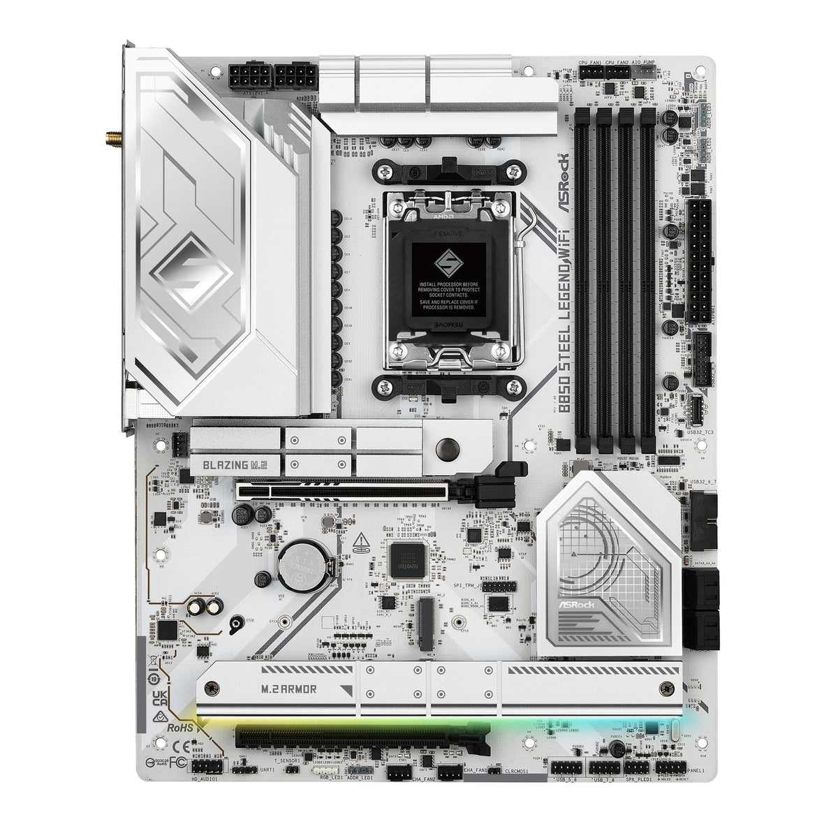 ASRock B850 Steel Legend WiFi AMD AM5 Socket Motherboard, ATX, 4x DDR5 Slots, 4x M.2 Sockets, Fitted I/O Shield, 2.5GbE LAN, Wi-Fi 7, 1x HDMI Port