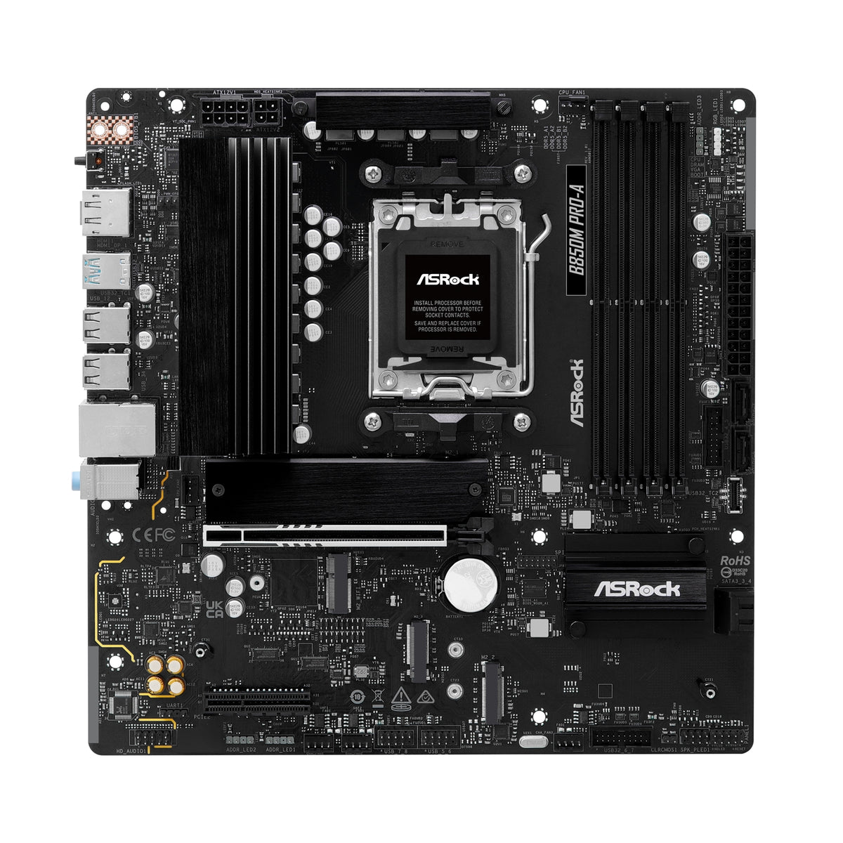 ASRock B850M Pro-A AMD AM5 Socket Motherboard, Micro-ATX, 4x DDR5 Slots, 3x M.2 Sockets, 2.5GbE LAN, 1x DisplayPort / 1x HDMI Port