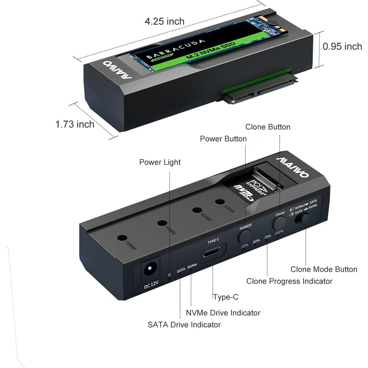 Maiwo USB Type-C, Dual Bay HDD/NVMe M2 SSD 10Gbps Clone Converter For 2.5" and 3.5" SATA, Clone SATA to NVMe Instantly 