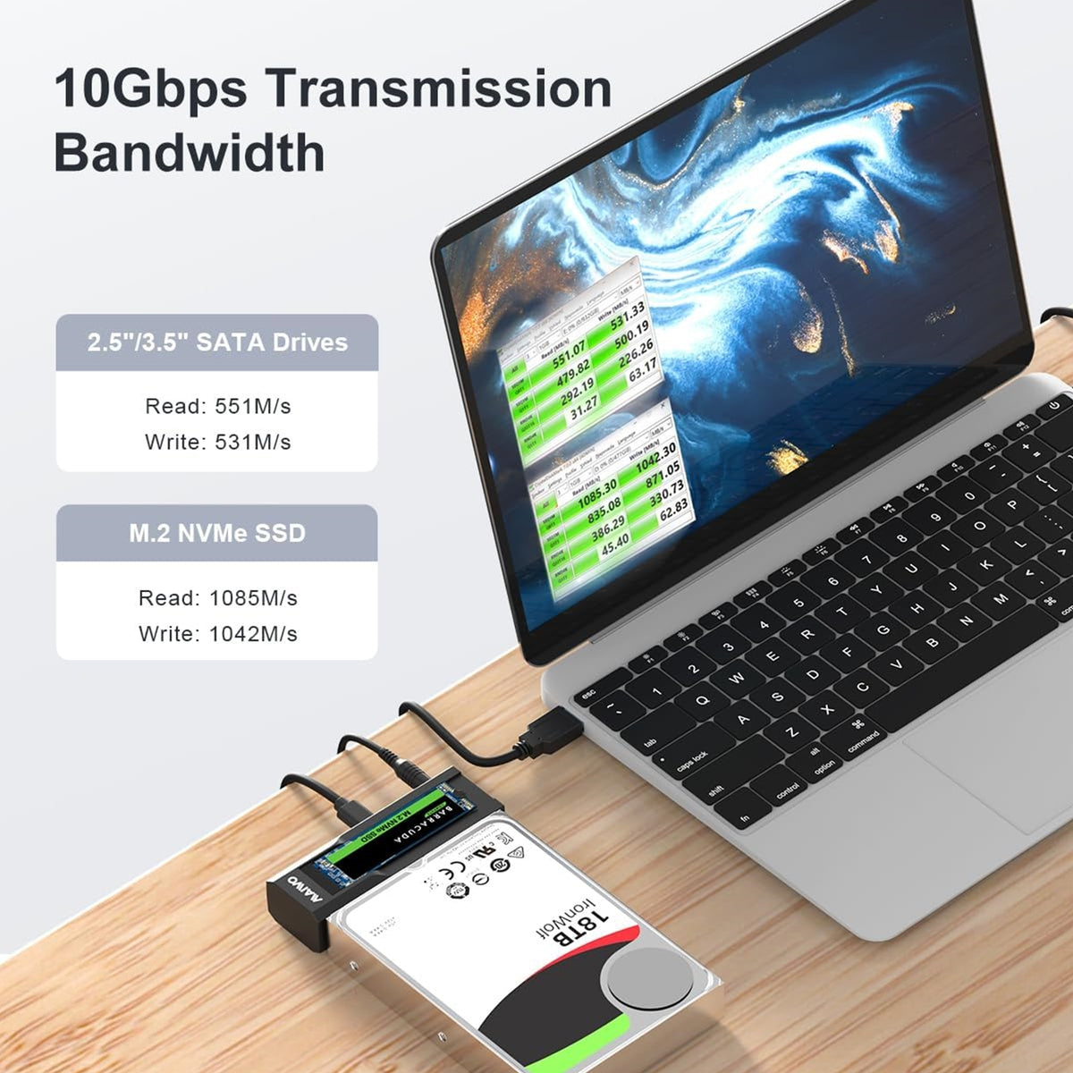 Maiwo USB Type-C, Dual Bay HDD/NVMe M2 SSD 10Gbps Clone Converter For 2.5" and 3.5" SATA, Clone SATA to NVMe Instantly 