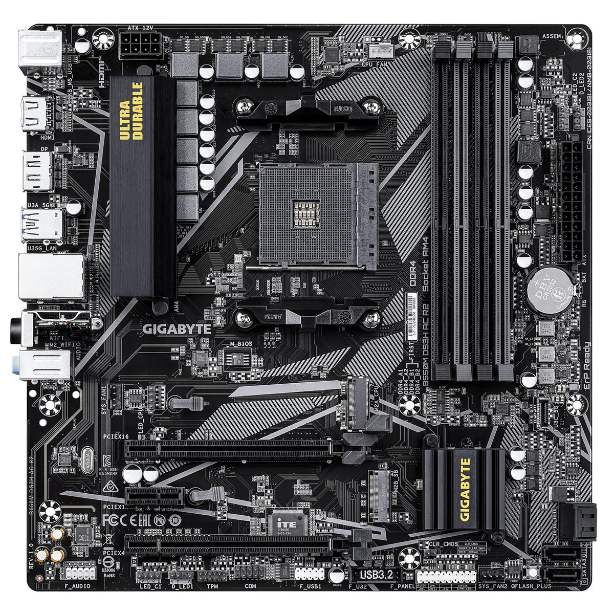 Gigabyte B550M DS3H AC R2 Ultra Durable AMD AM4 Socket Motherboard, Micro-ATX, 4x DDR4 Slots, 2x M.2 Socket, GbE LAN, Wi-Fi 5, 1x DisplayPort / 1x HDMI Port