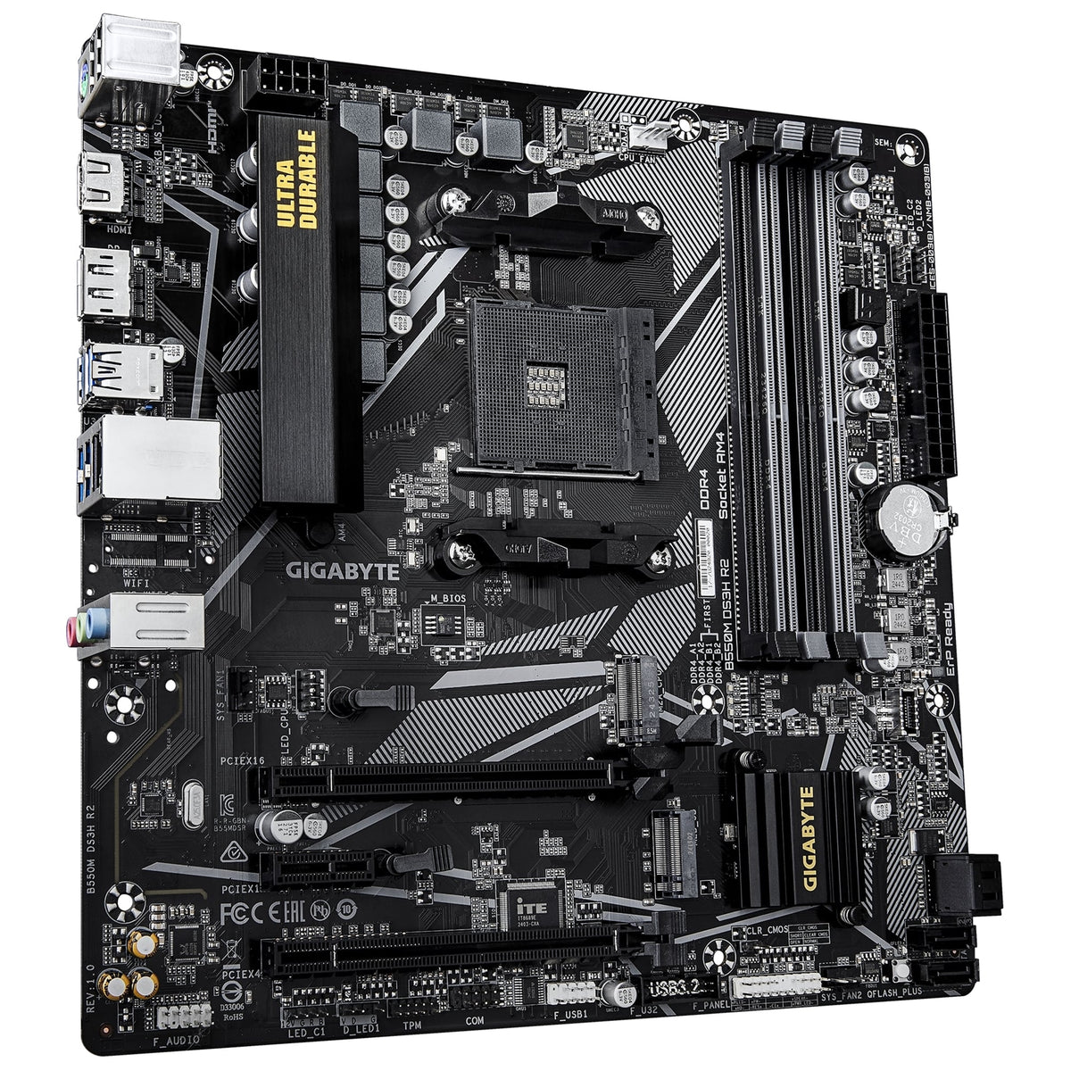 Gigabyte B550M DS3H R2 AMD AM4 Socket Motherboard, Micro-ATX, 4x DDR4 Slots, 2x M.2 Sockets, GbE LAN, 1x DisplayPort / 1x HDMI Port