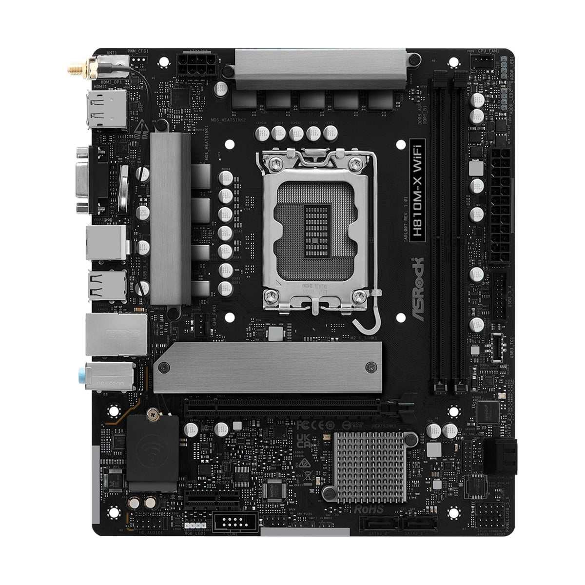 ASRock H810M-X WIFI Intel Socket 1851 Motherboard, 2x DDR5 DIMM Slots, 1x M.2 Socket, 2.5G LAN, WiFi 5, 1x HDMI Port / 1x DisplayPort