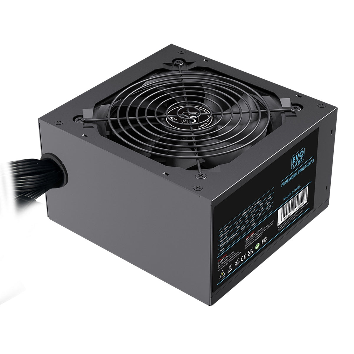 EVO LABS BR750-12BL 750W PSU,120mm Black Silent Fan with Improved Ventilation, Non Modular, High-Efficiency, PFC Certified, CE Compliant, Retail Packaged