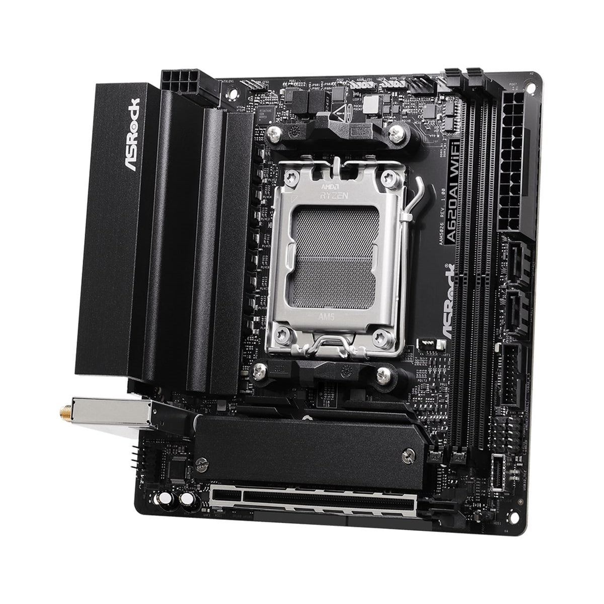 ASRock A620AI WIFI AMD AM5 Socket Motherboard, Mini-ITX, 2x DDR5 Slots, 2x M.2 Socket, 2.5GbE LAN, Wi-Fi 6E, 1x HDMI Port