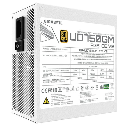 GIGABYTE GP-UD750GM 750W V2 ICE, 80 Plus Gold Certified Fully Modular Power Supply, PCIe Gen 5.1, 80 PLUS Gold, Fully Modular Design, 120mm Fan, ATX 3.1 compatible, UK Plug