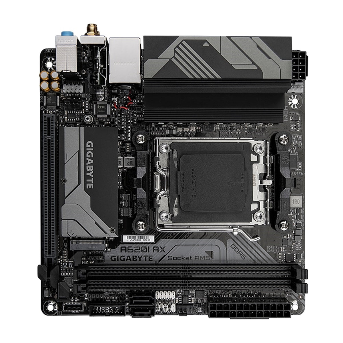Gigabyte A620I AX (rev. 1.0) AMD AM5 Socket Motherboard, Mini-ITX, 2x DDR5 Slots, 1x M.2 Socket, 2.5GbE LAN, Wi-Fi 6E, 1 x DisplayPort / 1x HDMI Port