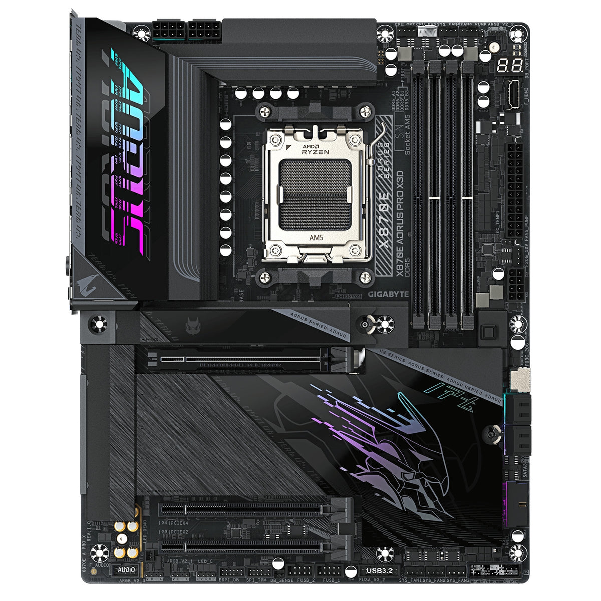 Gigabyte X870E AORUS PRO X3D AMD AM5 Socket Motherboard, ATX, 4x DDR5 Slots, 4x M.2 Sockets, Fitted I/O Shield, 5GbE LAN, Wi-Fi 7, 1x HDMI Port / 2x USB-C (USB4)