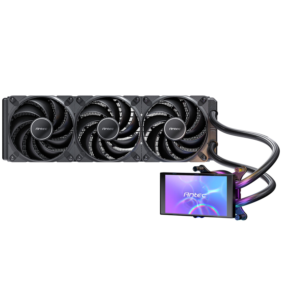 Antec Vortex View 360 Black AIO Liquid CPU Cooler, Massive 5-Inch Rotatable IPS LCD Display, 9th Gen Asetek Pump for 400W TDP, Triple 120mm PWM Fans,  ARGB Backglow