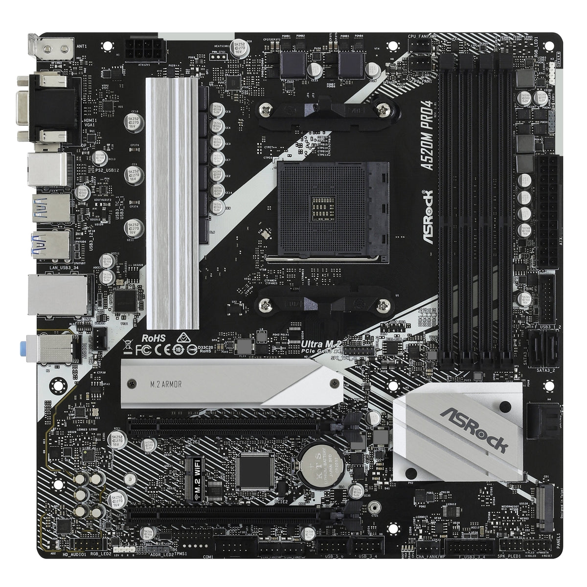 ASRock A520M PRO4 Super Alloy AMD AM4 Socket Motherboard, Micro-ATX, 4x DDR4 Slots, 1x M.2 Socket, GbE LAN, 1x D-Sub / 1x DisplayPort / 1x HDMI Port