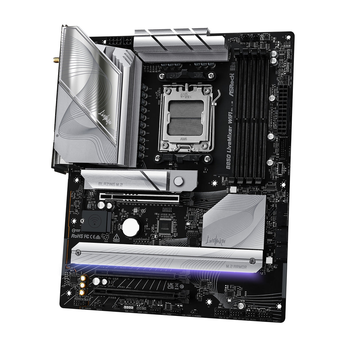 ASRock B850 LiveMixer WiFi AMD AM5 Socket Motherboard, ATX, 4x DDR5 Slots, 3x M.2 Sockets, Fitted I/O Shield, 2.5GbE LAN, Wi-Fi 7, 1x DisplayPort / 1x HDMI Port