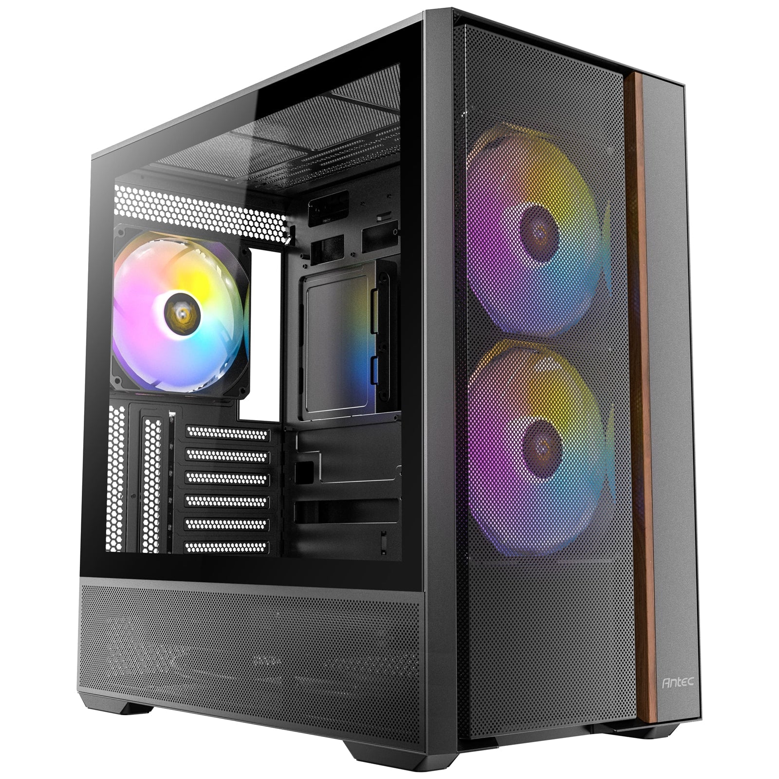 Antec FLUX Rear Mid Tower PC Case - Tempered Glass, Steel/Plastic/Wood, 5 PWM Fans, USB-C, ATX/Micro-ATX/ITX Compatibility