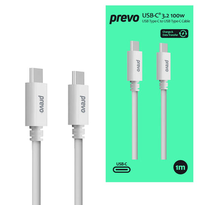 Prevo USB 3.2 100W C to C cable, 20V/5A, 10GB/20GB/s, White, Superior Design & Performance, Retail Box Packaging