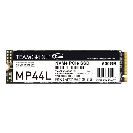 Team MP44L (TM8FPK500G0C101) 500GB NVMe SSD, PCIe Gen4, M.2 Interface, 2280, Read 5000 MB/s, Write 3700 MB/s, 5 Year Warranty