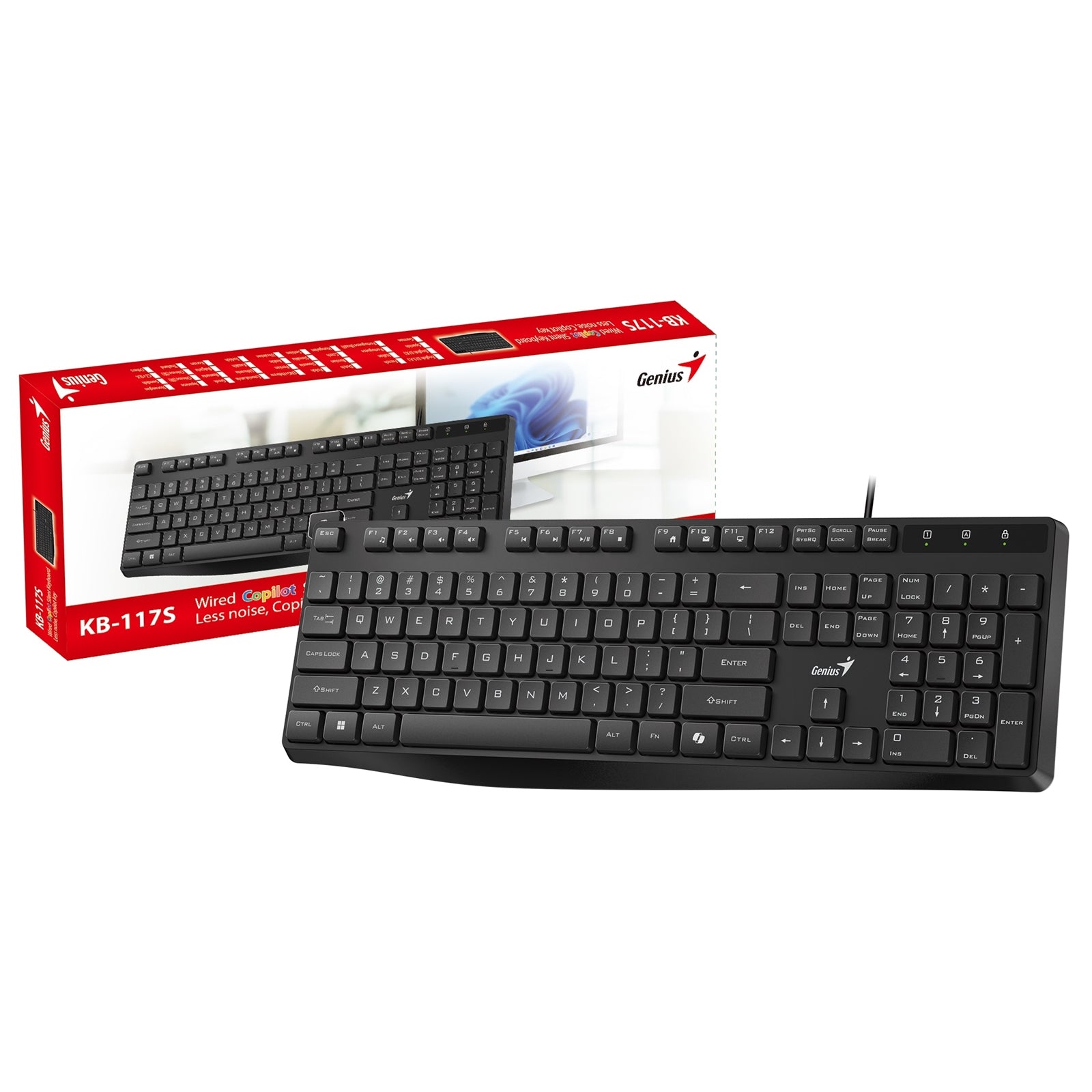 Genius KB-117S Wired AI Copilot Silent Keyboard, USB Plug and Play, 11 Multimedia Function Keys, Full Size UK Layout Design for Home or Office, Black