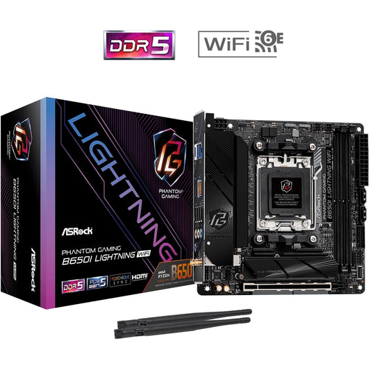 ASRock B650I LIGHTNING WIFI AMD AM5 Socket Motherboard, Mini-ITX, 2x DDR5 Slots, 2x M.2 Socket, Fitted I/O Shield, 2.5GbE LAN, Wi-Fi 6E, 1x HDMI Port