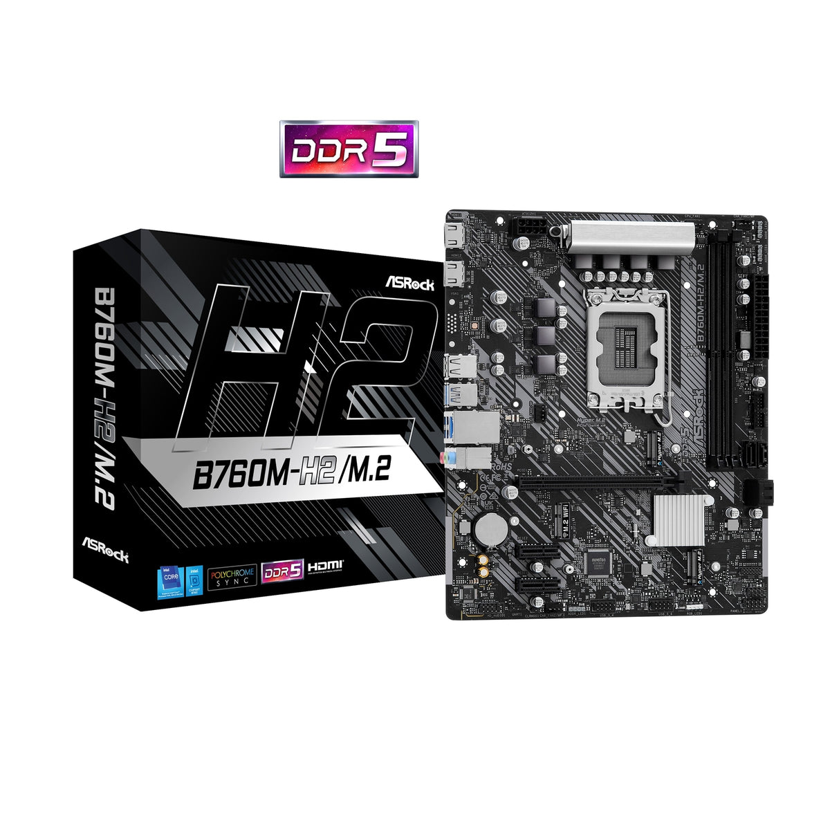 ASRock B760M-H2/M.2 Intel 1700 Socket Motherboard, Micro-ATX, 2x DDR5 Slots, 2x M.2 Socket, 2.5GbE LAN, 2x HDMI Port