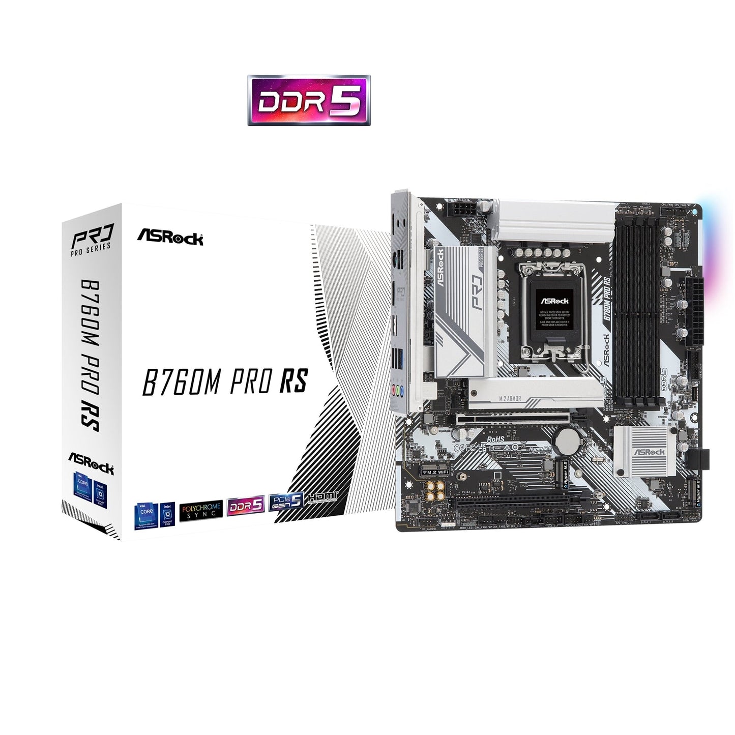 ASRock B760M PRO RS Intel 1700 Socket Motherboard, Micro-ATX, 4x DDR5 Slots, 3x M.2 Socket, Fitted I/O Shield, 2.5GbE LAN, 1x DisplayPort / 1x HDMI Port