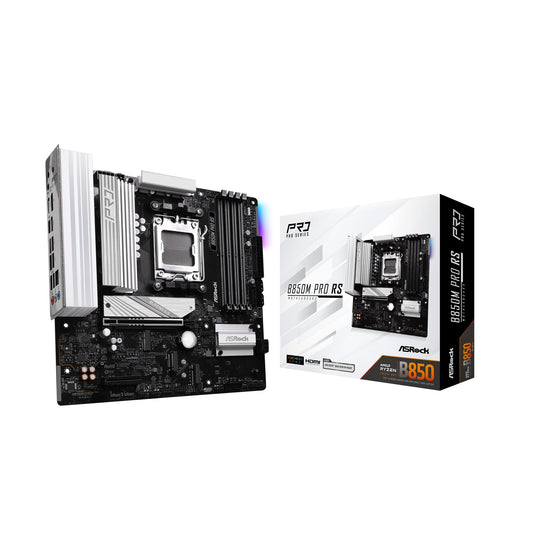 ASRock B850M Pro RS AMD AM5 Socket Motherboard, Micro-ATX, 4x DDR5 Slots, 3x M.2 Sockets, Fitted I/O Shield, 2.5GbE LAN, 1x DisplayPort / 1x HDMI Port