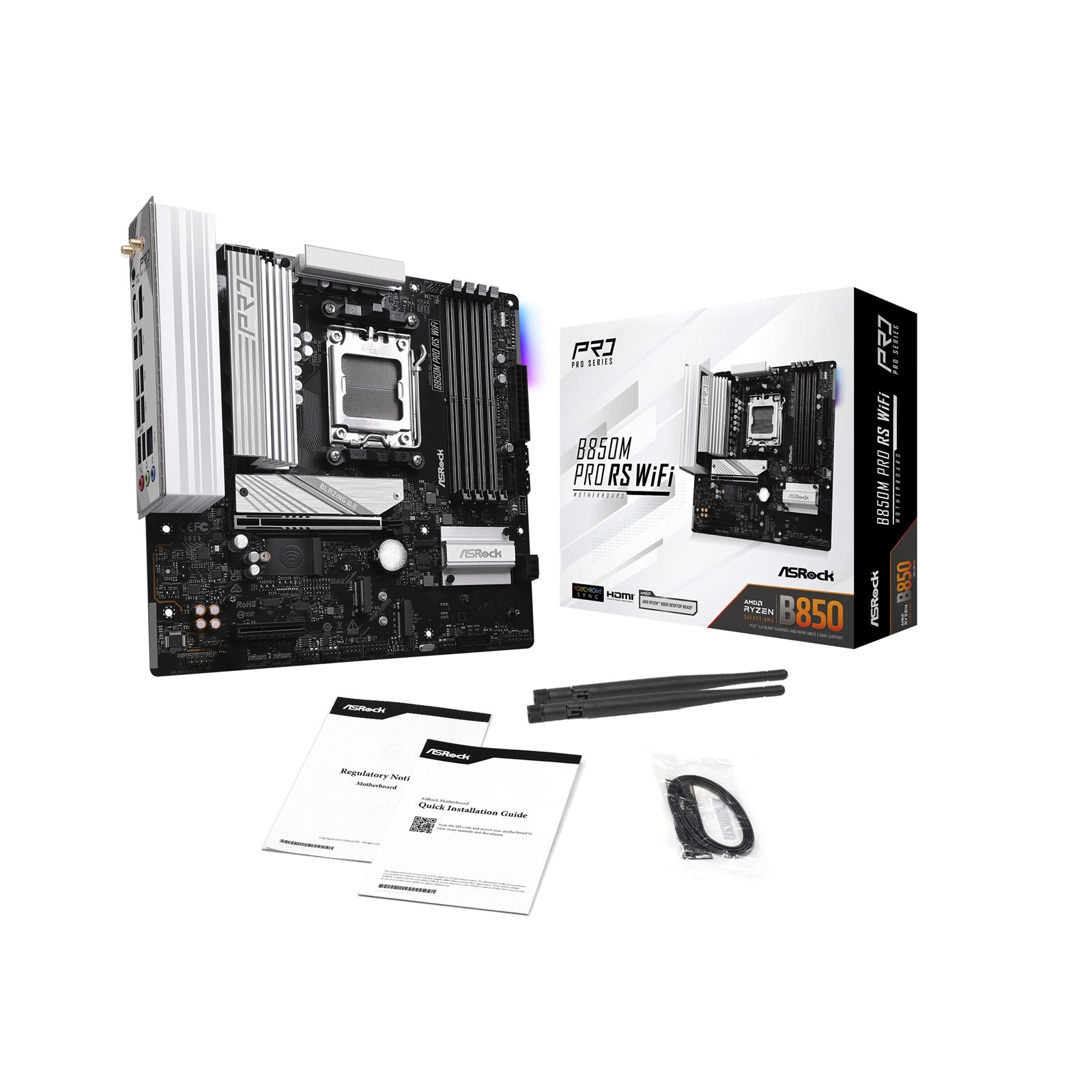 ASRock B850M Pro RS WiFi AMD AM5 Socket Motherboard, Micro-ATX, 4x DDR5 Slots, 3x M.2 Sockets, Fitted I/O Shield, 2.5GbE LAN, Wi-Fi 6E, 1x DisplayPort / 1x HDMI Port