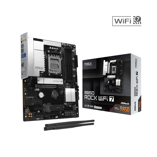 ASRock B850 Rock WiFi 7 AMD AM5 Socket Motherboard, ATX, 4x DDR5 Slots, 2x M.2 Socket, Fitted I/O Shield, 2.5GbE LAN, Wi-Fi 7, 1x HDMI Port