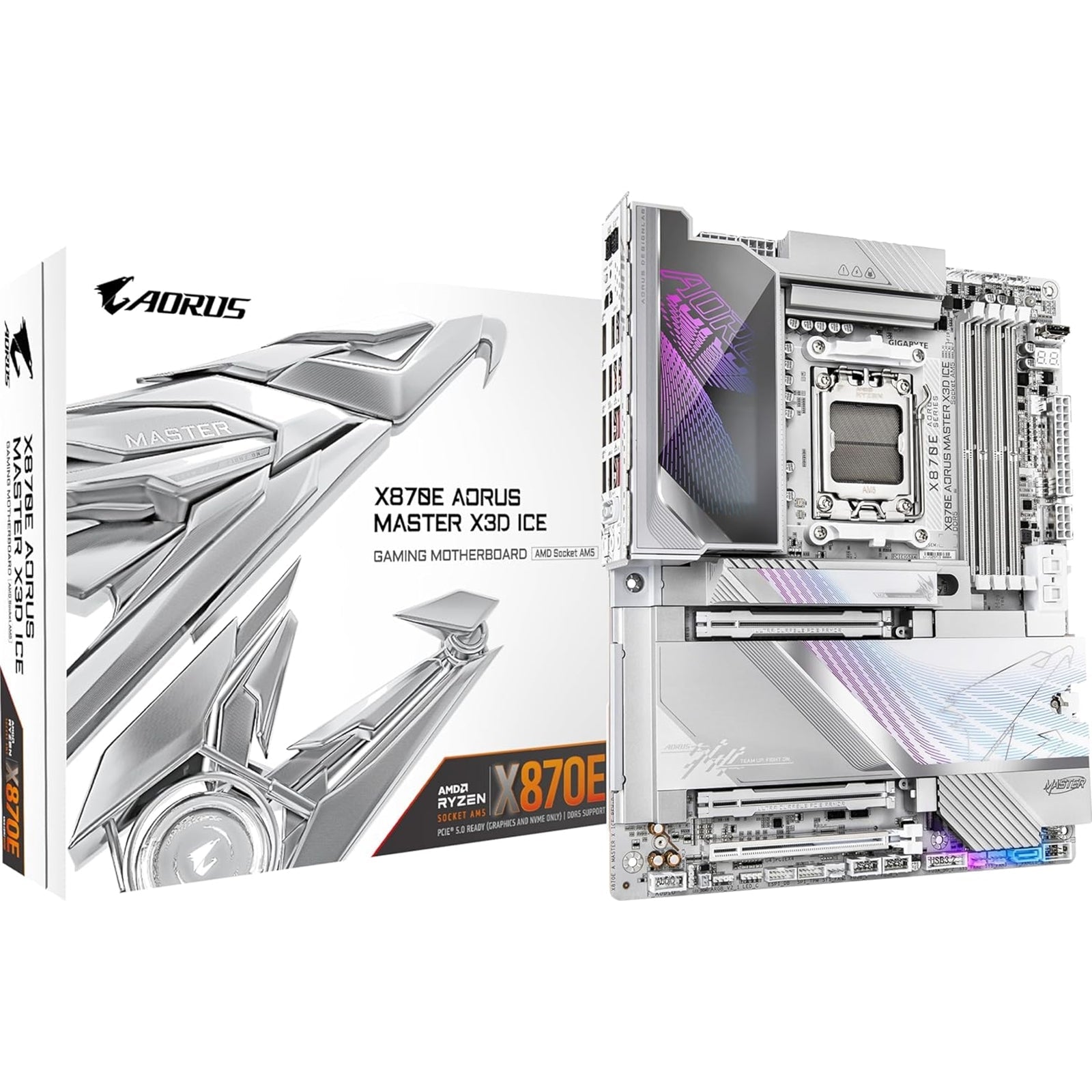 Gigabyte X870E AORUS MASTER X3D ICE AMD AM5 Socket Motherboard, ATX, 4x DDR5 Slots, 5x M.2 Sockets, Fitted I/O Shield, 10GbE LAN, Wi-Fi 7, 1x HDMI Port / 2x USB-C (USB4)