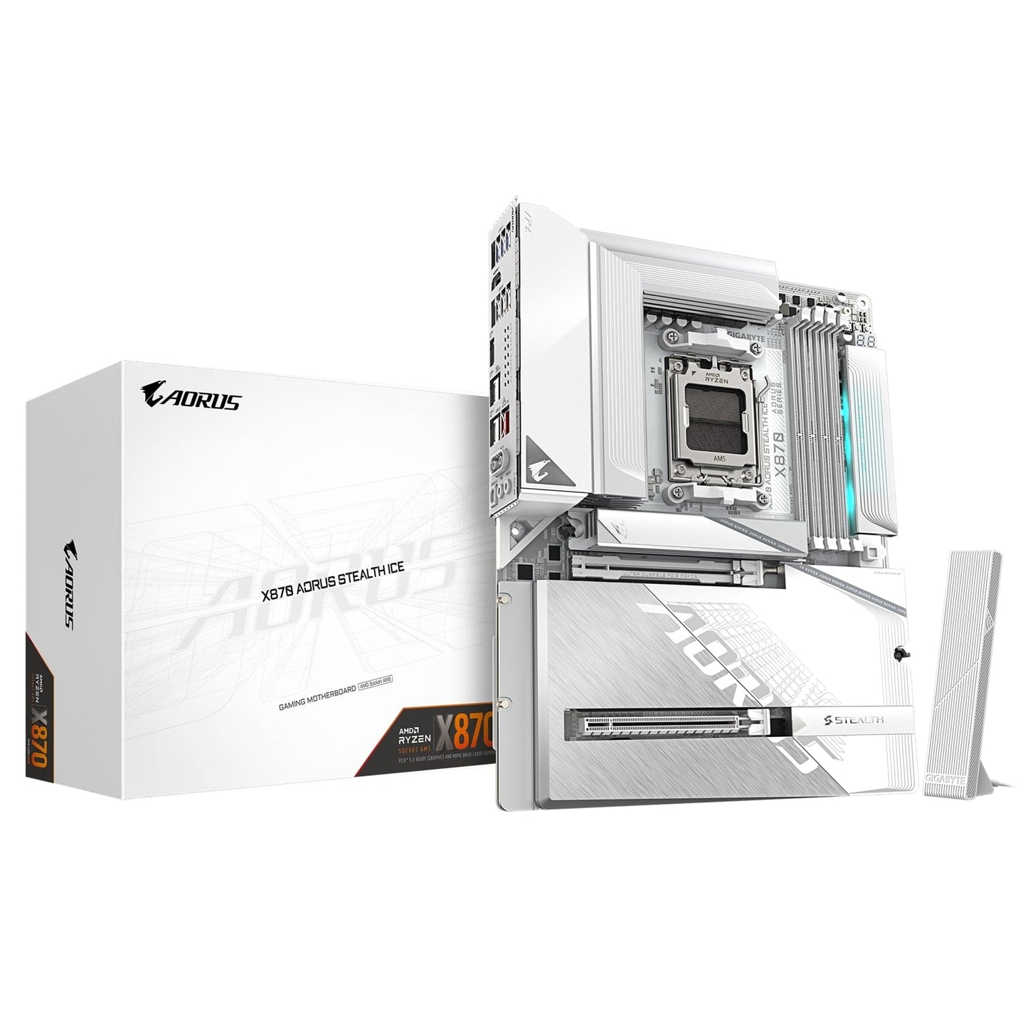 Gigabyte X870 AORUS STEALTH ICE AMD AM5 Socket Motherboard, ATX, 4x DDR5 Slots, 4x M.2 Socket, 5GbE LAN, WiFi 7, 1x HDMI Port / 2x USB-C (USB4)