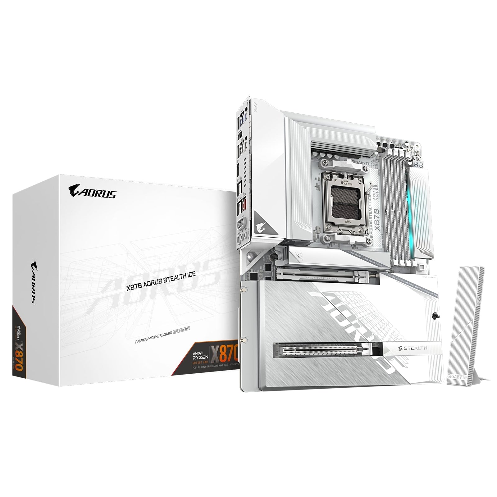 Gigabyte X870 AORUS STEALTH ICE AMD AM5 Socket Motherboard, ATX, 4x DDR5 Slots, 4x M.2 Socket, 5GbE LAN, WiFi 7, 1x HDMI Port / 2x USB-C (USB4)