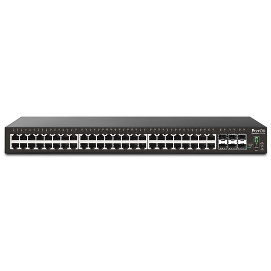 Draytek VSP2542X-K 54 Port switch with 48 PoE+ RJ-45 LAN ports, 6 10Gbpe SFP+, 400W PoE budget, and L2+ management, 2 Year Warranty